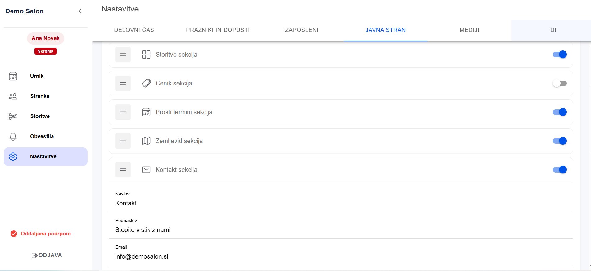 Nastavitve javne strani