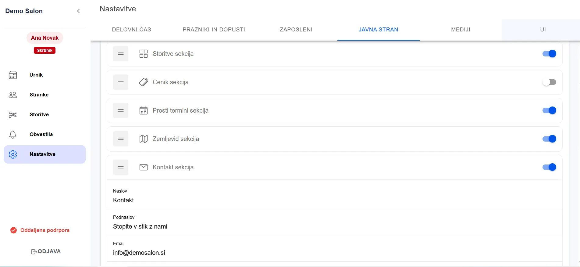 Nastavitve javne strani – predogled sekcij